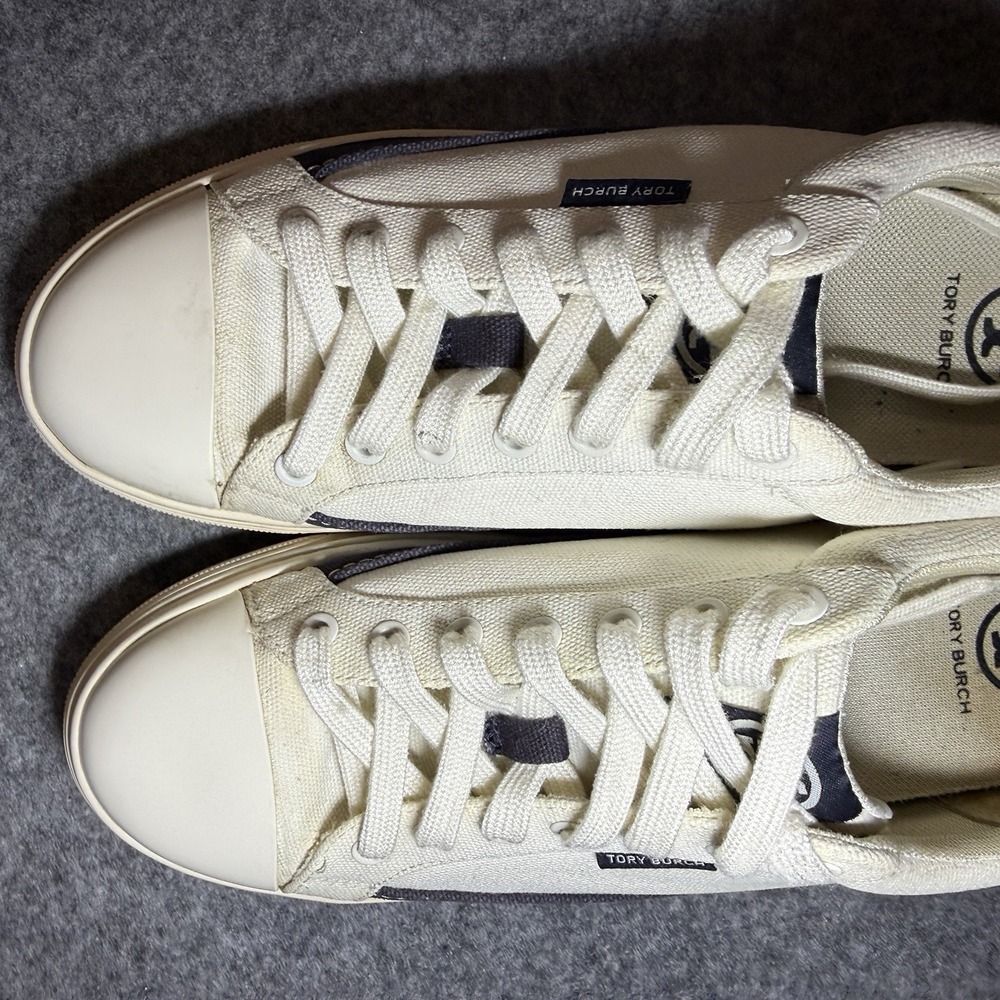 Tory Burch Size 9.5 Womens Classic Court Sneaker, Ivory Canvas/ Perfect Navy - Picture 6 of 9